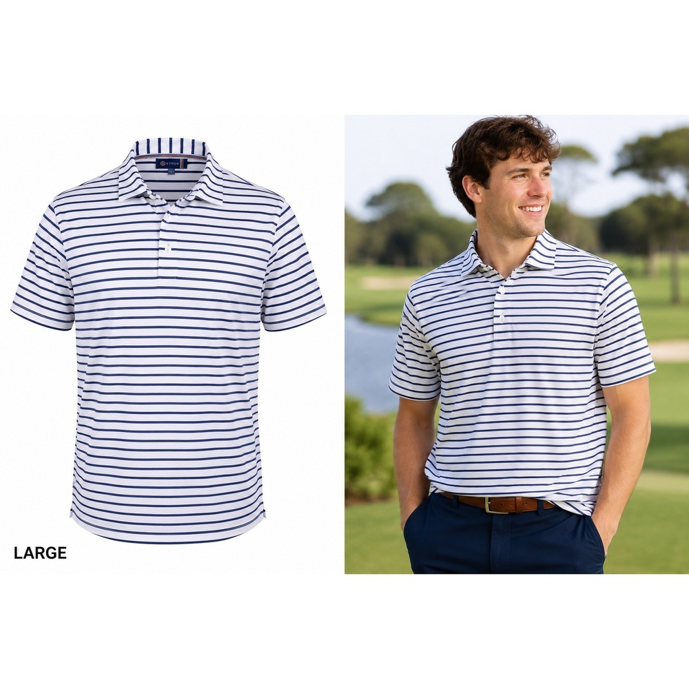 Stitch Golf Mens Polo Shirt Large White Navy Blue Striped Performance Short Slv